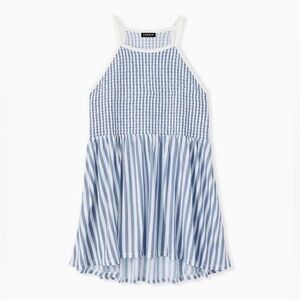 Torrid blue and white stripe jersey smocked high neck babydoll tank top Beachy